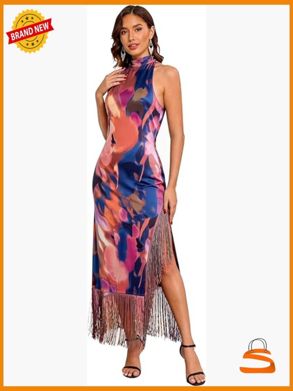 Vintage Flapper Maxi Dress with Tassels High Slit Sleeveless